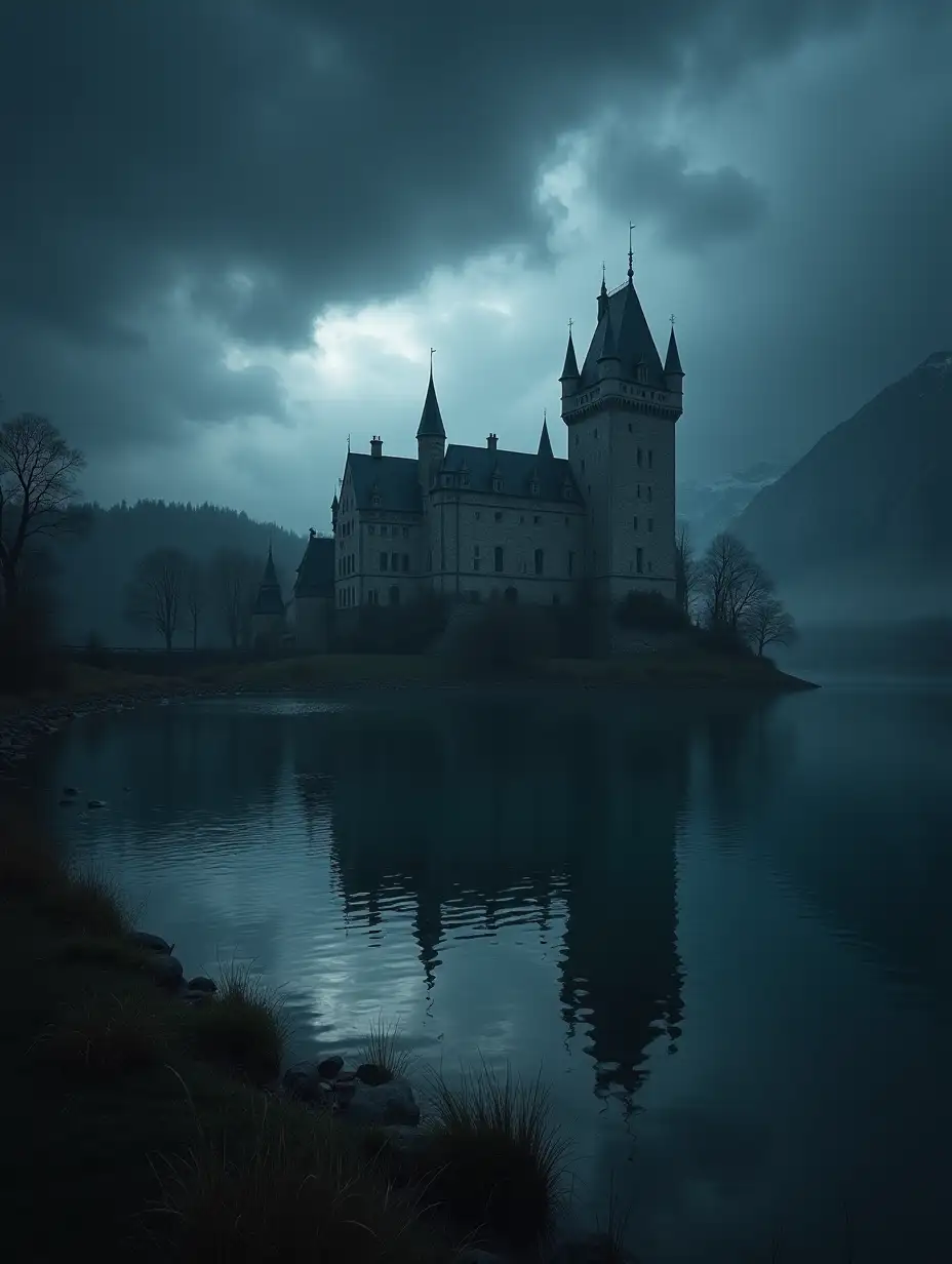 An old castle by the lake, mysterious and dark atmosphere, dark sky and thunder clouds