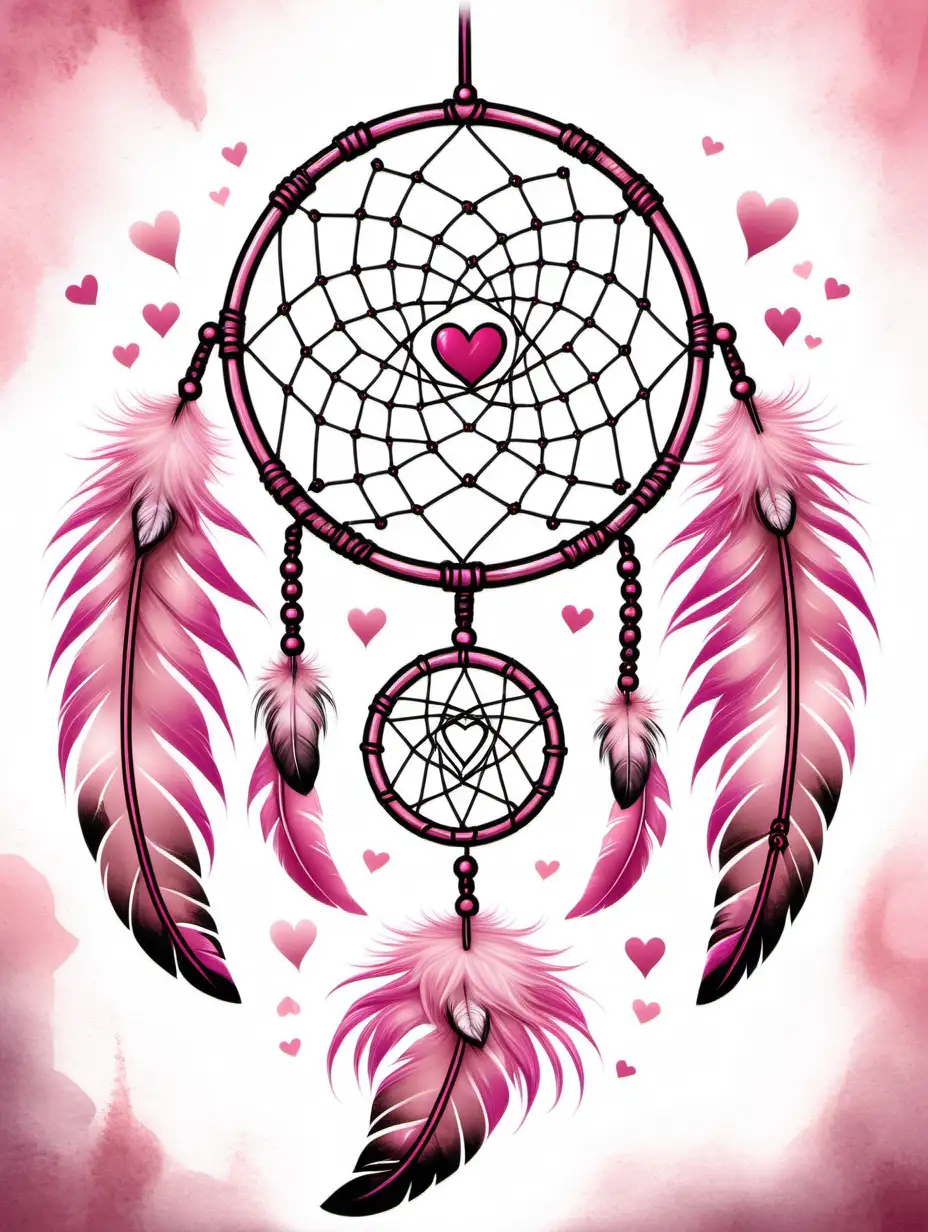 A dreamcatcher with pink feathers and symbols of love.