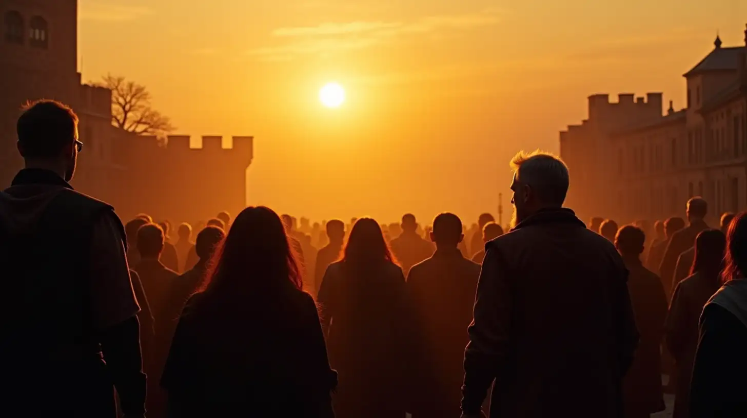 Silhouetted Group Listening to a Medieval Town Speaker at Sunset