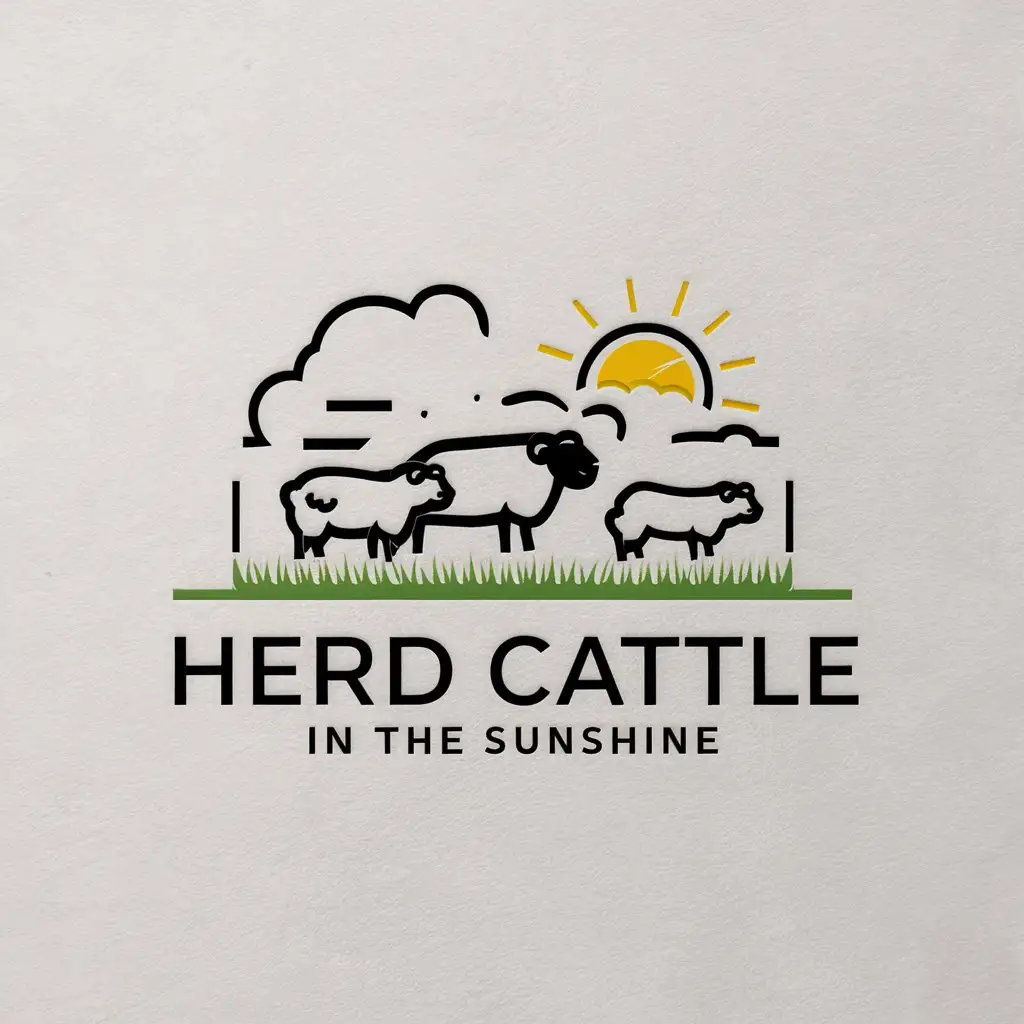 a vector logo design,with the text "herd cattle in the sunshine", main symbol:sheep, sun, grassland,Minimalistic,be used in Others industry,clear background