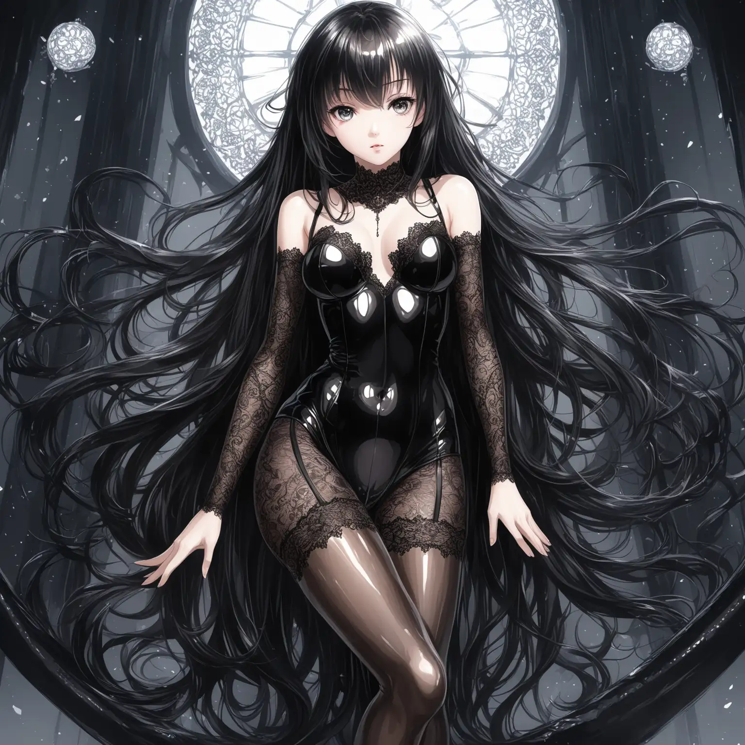 Anime-Girl-with-Dark-Long-Hair-in-Lace-Bodystocking-and-ThighHigh-Stockings