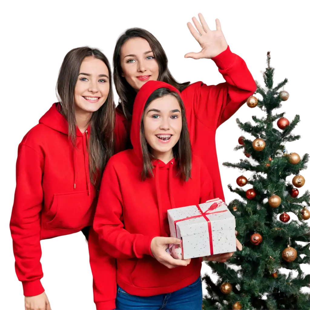 Brunette-Family-with-Red-Hoodies-Opening-Presents-PNG-Image-for-Christmas-Holiday-Celebrations