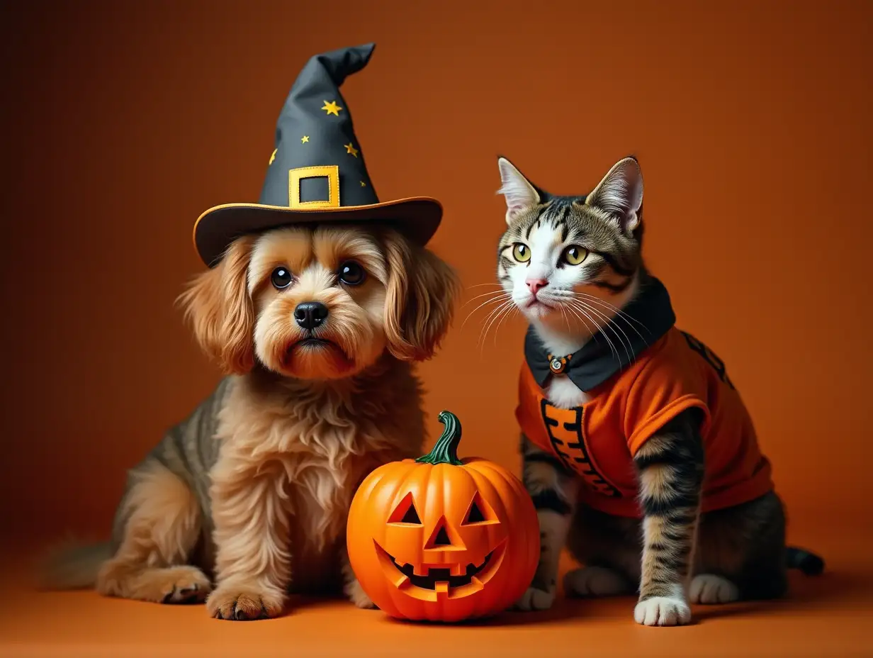 A dog and a cat in fancy costume with jack o'lantern pumpkin and Halloween decorations, adorable pet in Halloween