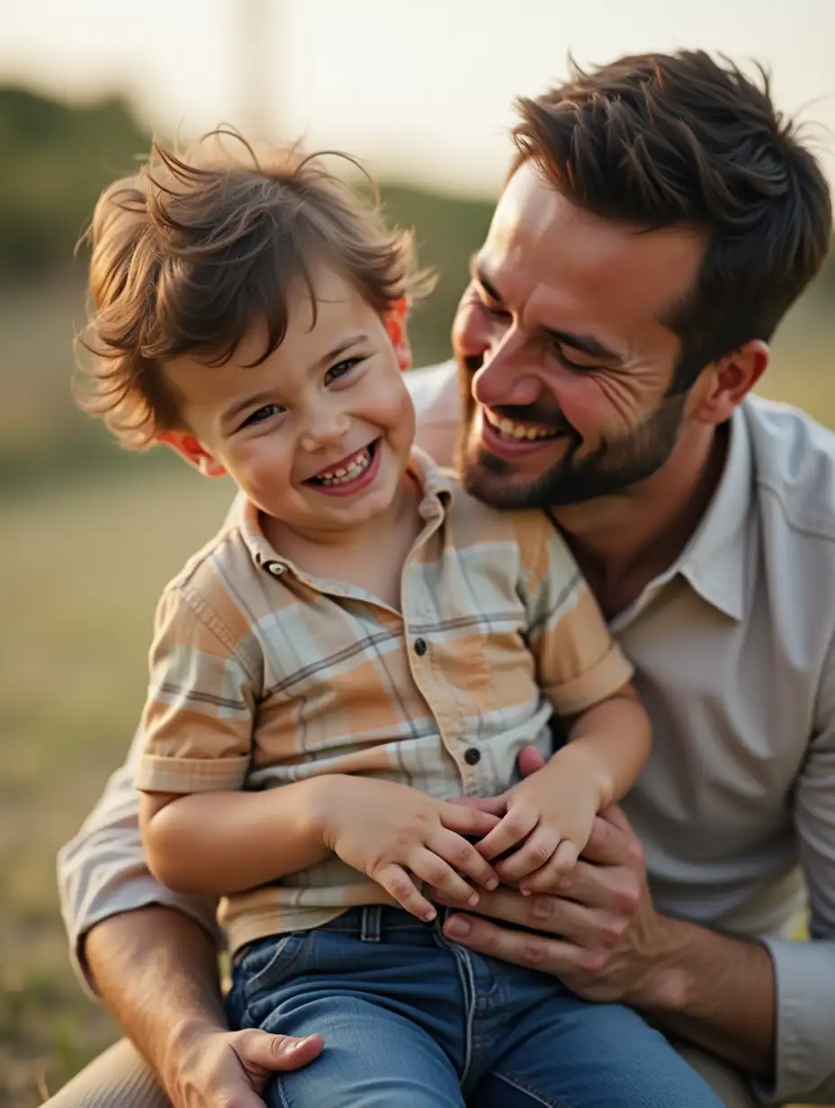 A cute four-year-old boy being tickled by his father.