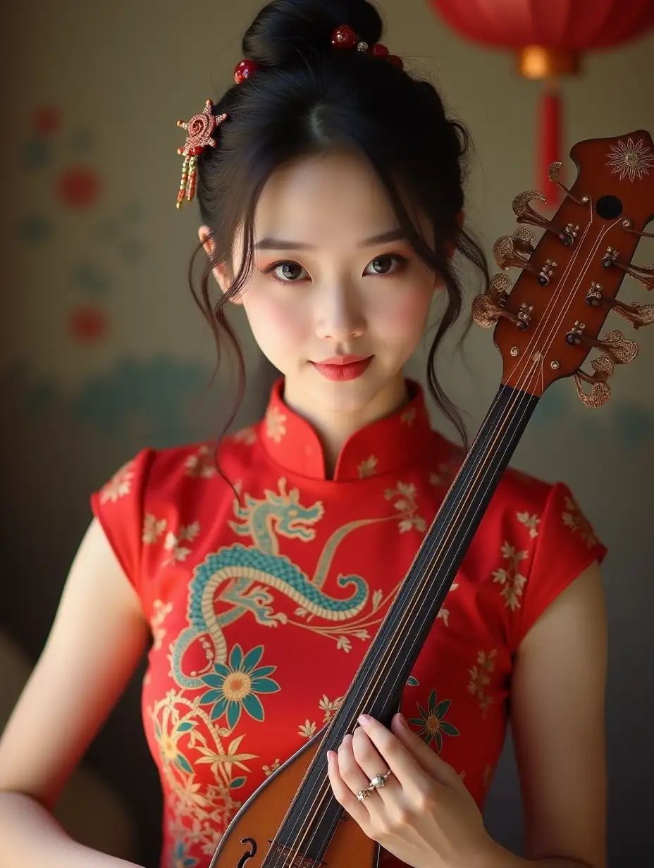 Capture a beautiful Asian woman in her 20s wearing a chic qipao. She's posing playing a guzheng zither like a model for a cute photo shoot. She has a pretty hairstyle, topped off with a beautiful dragon hairpin. With a flirty gaze towards the camera. The image shows her pose in vibrant, lifelike detail, with stunning lighting adding to the effect.