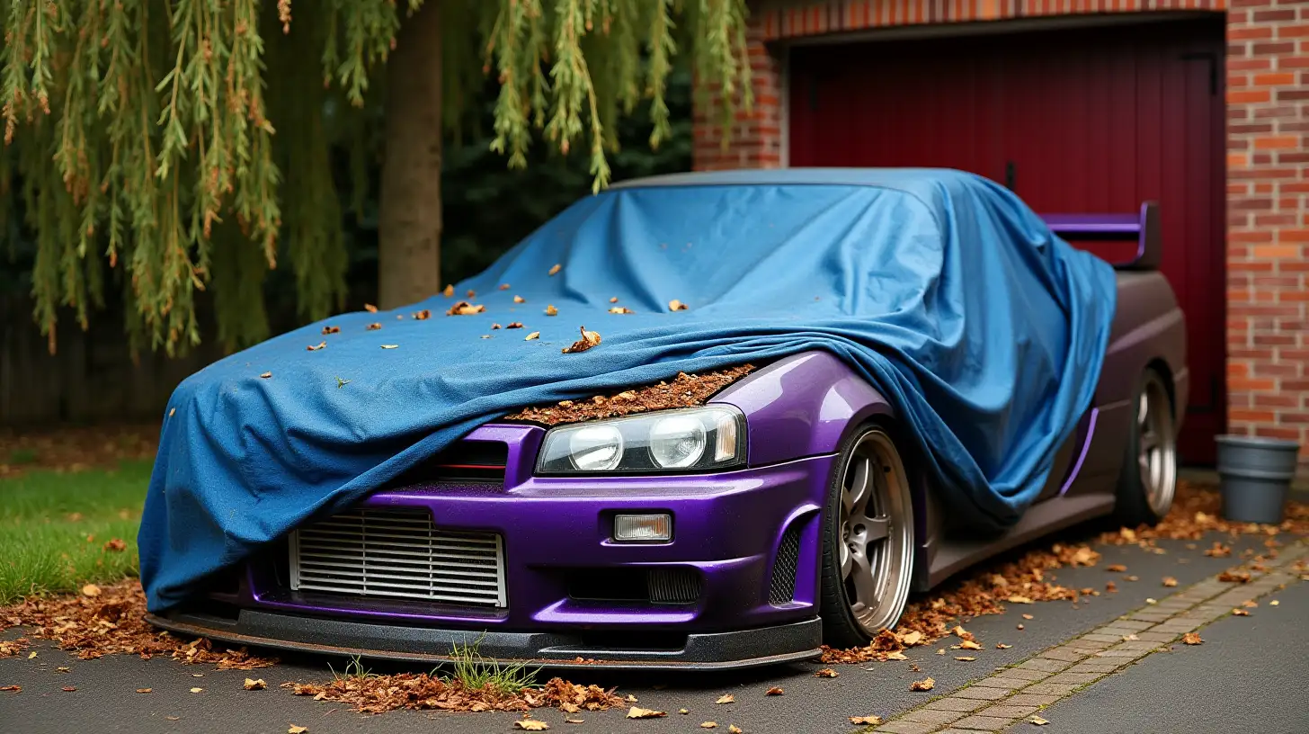 Nissan skyline R34 gtr in midnight purple sitting on a British cul-de-sac driveway under a blue tarpaulin, the car has aged and decayed over 20 years and so covered with moss and leaves and a little rust, but the paint is still visible on an uncovered front wing of the car, it Sits under a willow tree and the front door of the house is red with red sandstone bricks 