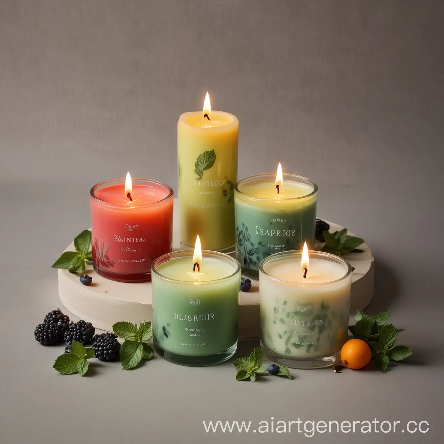 three candles, with aromas: wild berries, eucalyptus and mint, citrus, The candles are arranged in a row in the center of the image, Each of them is in a glass transparent glass, which allows you to see their colorful wax reflecting the aroma of the candle. The candle with the aroma of wild berries is made in a rich purple shade, symbolizing a mixture of berries. Next to it are small images of raspberries, blueberries and blackberries. The candle with the aroma of eucalyptus and mint is colored light green, which emphasizes the freshness and naturalness of the fragrance. Mint leaves and eucalyptus twigs are depicted around the candle. The citrus-scented candle has a bright orange color that conveys the vigor and energy of citrus fruits. Images of an orange, lemon and grapefruit are placed around it. The background of the image is soft and neutral, with light blurred elements of nature, which creates an atmosphere of naturalness and harmony. These may be indistinct silhouettes of a forest, fields, or orchard. Under each candle, the names of the fragrances are neatly arranged at the bottom using an elegant and easy-to-read font. The names are in harmony with the color scheme of each candle, complementing the overall composition. A thin smoke rises from each candle, which visually displays aromatic notes in the form of small icons of berries, mint leaves and citrus slices. The image conveys a feeling of freshness, naturalness and comfort.