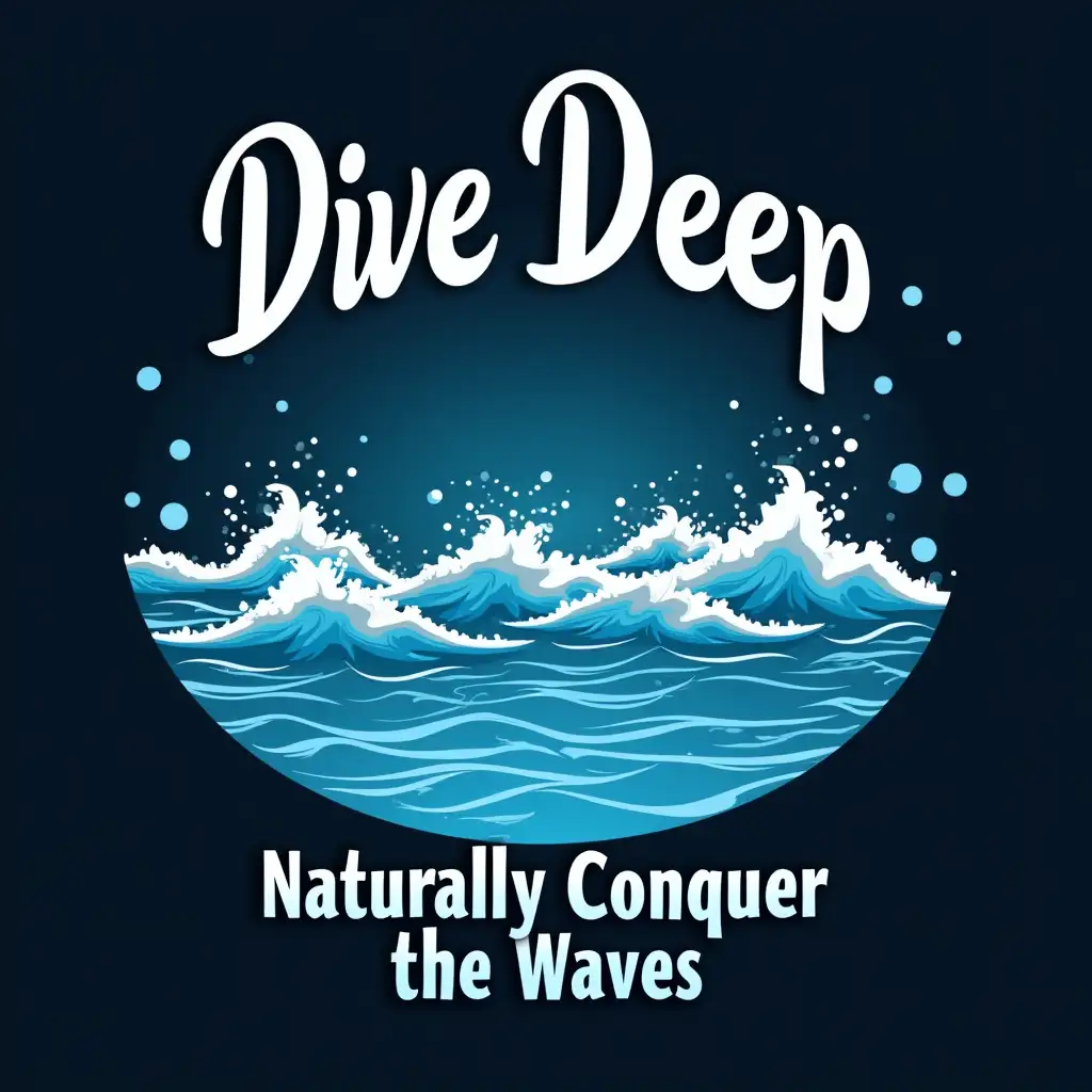 A refreshing design for swimmers, featuring waves and bubbles in the water. The background is a deep blue with a gradient to black. The text 'Dive Deep' in a bold, white font at the top, and 'Naturally Conquer the Waves' in a smaller, light blue font at the bottom. The style is sleek and aquatic, ideal for swimwear or t-shirts.