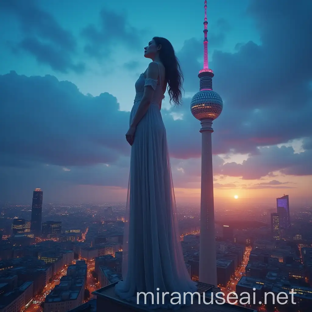 Majestic Giantess Embracing Fernsehturm Berlin in Twilight