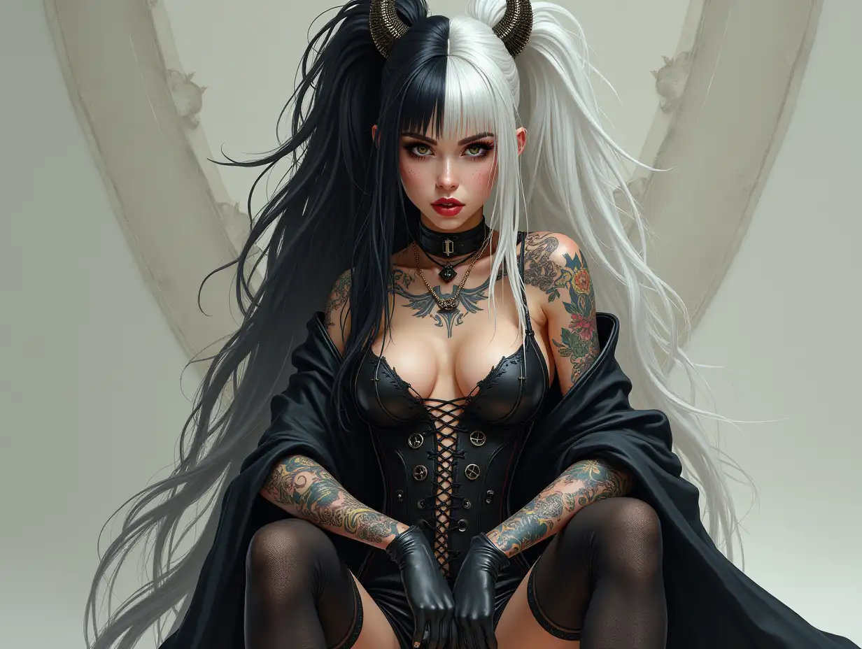 Depiction of a beautiful white woman mistress with tattoos and long mixed white-black hair in a futuristic style and laced boots leg stockings