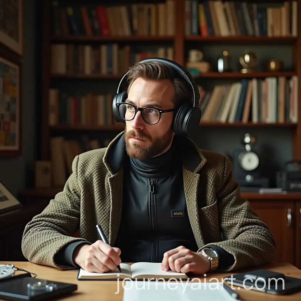 Retro-Room-with-Stylish-Man-in-Tweed-Jacket-and-Wireless-Headphones
