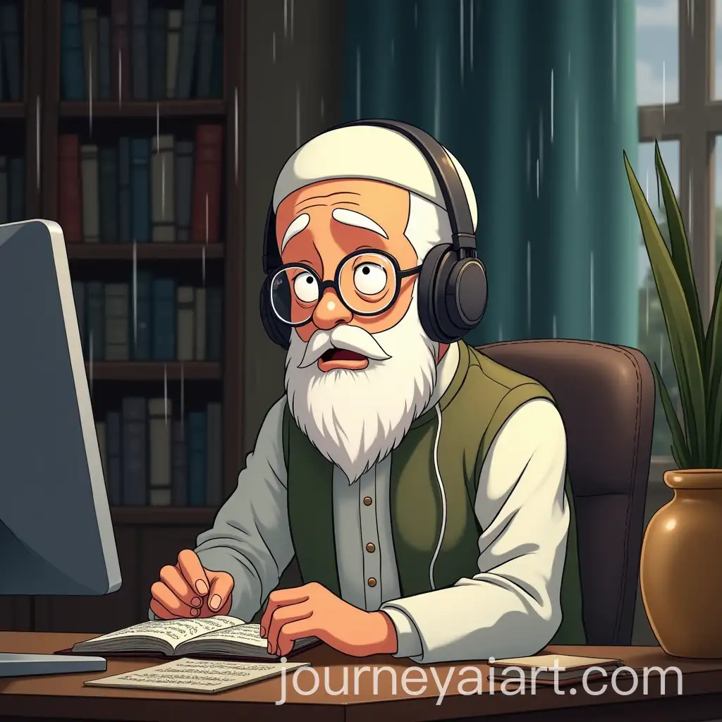 Muslim-Anime-Character-with-Glasses-in-Library-with-Quran-and-Rainy-Window