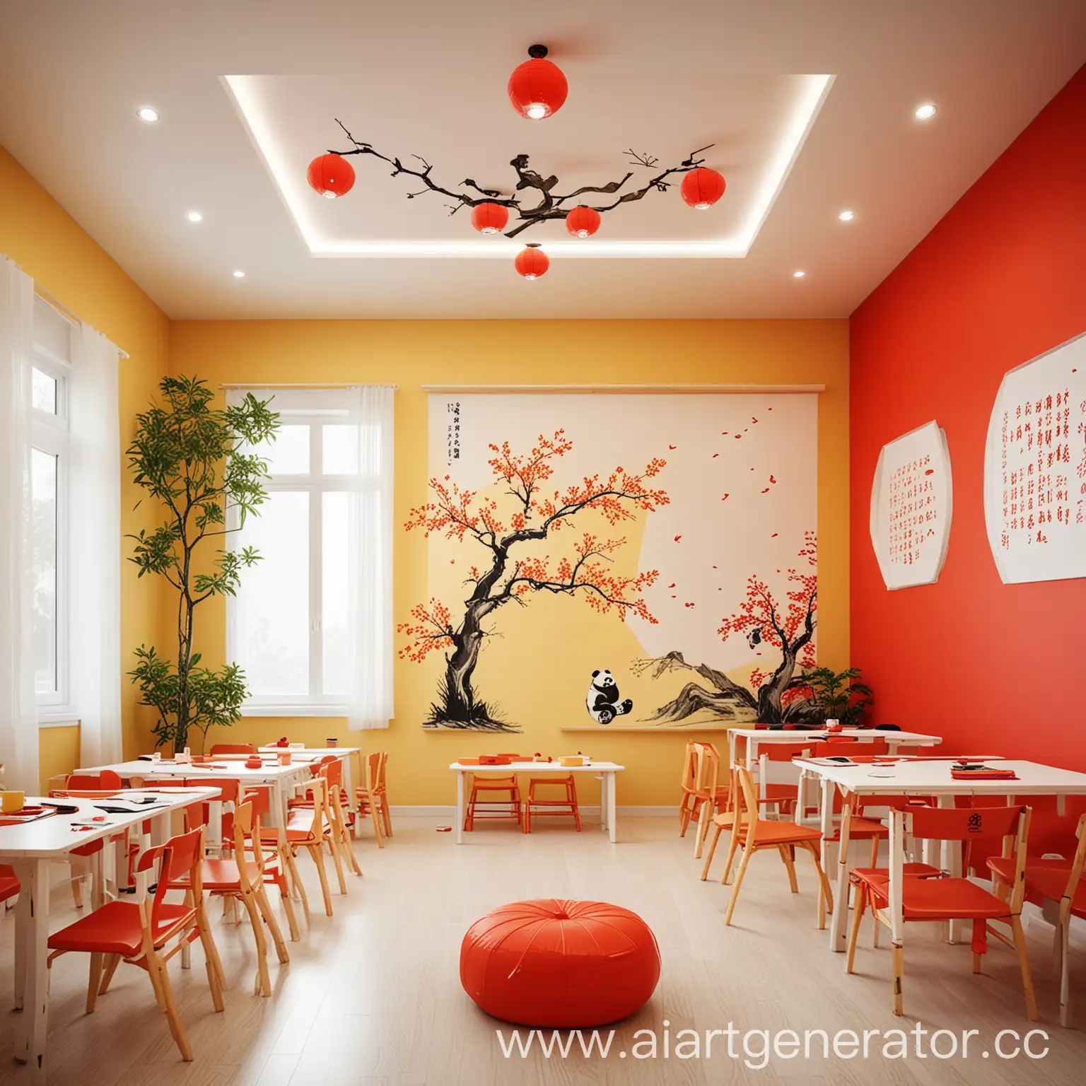 Modern Chinese language school interior, spacious room for children. Bright yellow and red walls with white accents. Open space with three distinct areas:  Study zone with white desks and red chairs Kids' area with colorful floor map and panda-shaped cushions Relaxation corner with bonsai tree and bamboo mural Key elements:  Interactive whiteboard Chinese calligraphy on walls Paper lanterns hanging from ceiling Geometric patterns inspired by Chinese design Warm LED lighting Style: Contemporary interpretation of Chinese aesthetics, minimalist with bold color accents.