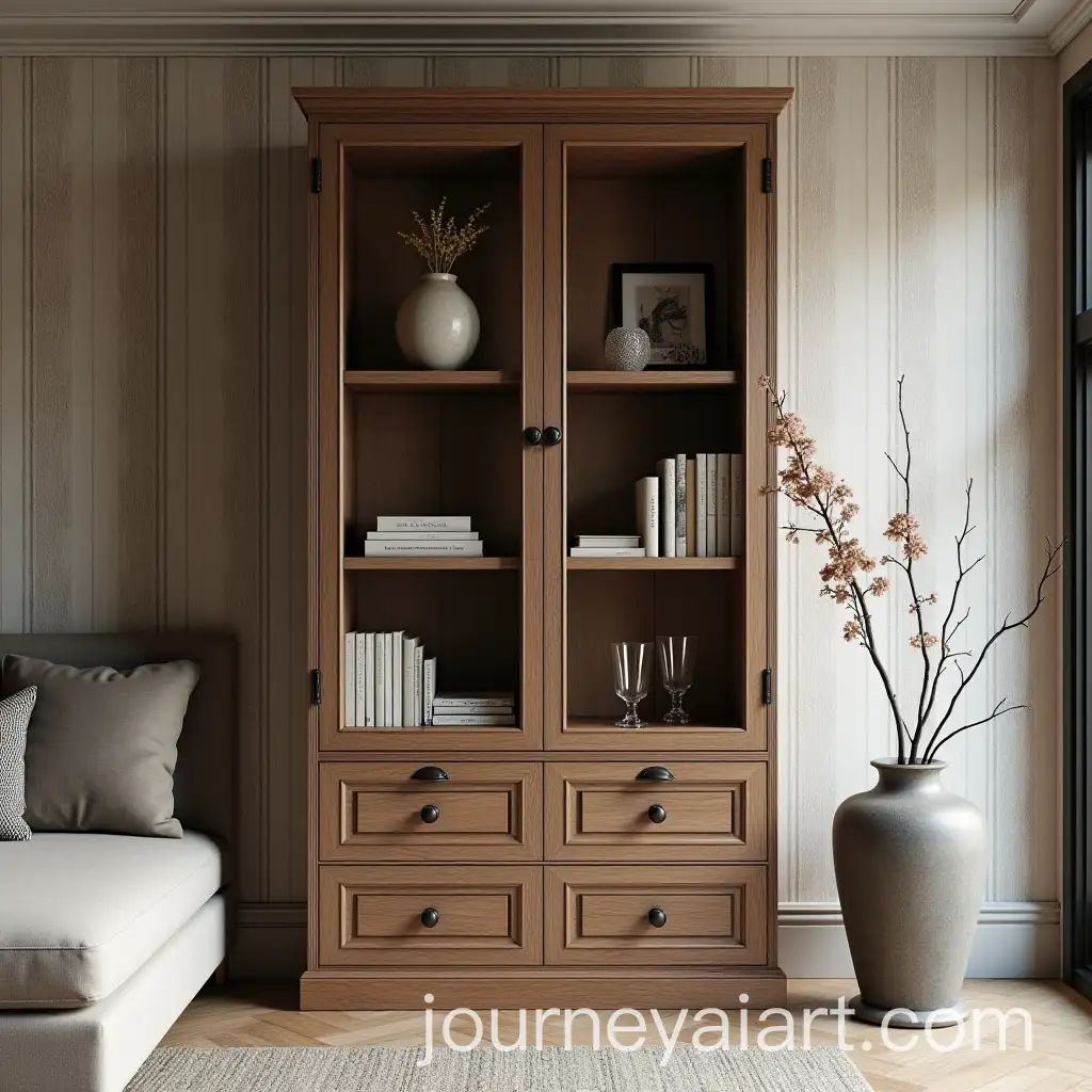 Rustic-Walnut-Bookcase-with-Glass-Paneled-Doors-and-Elegant-Seating-Area