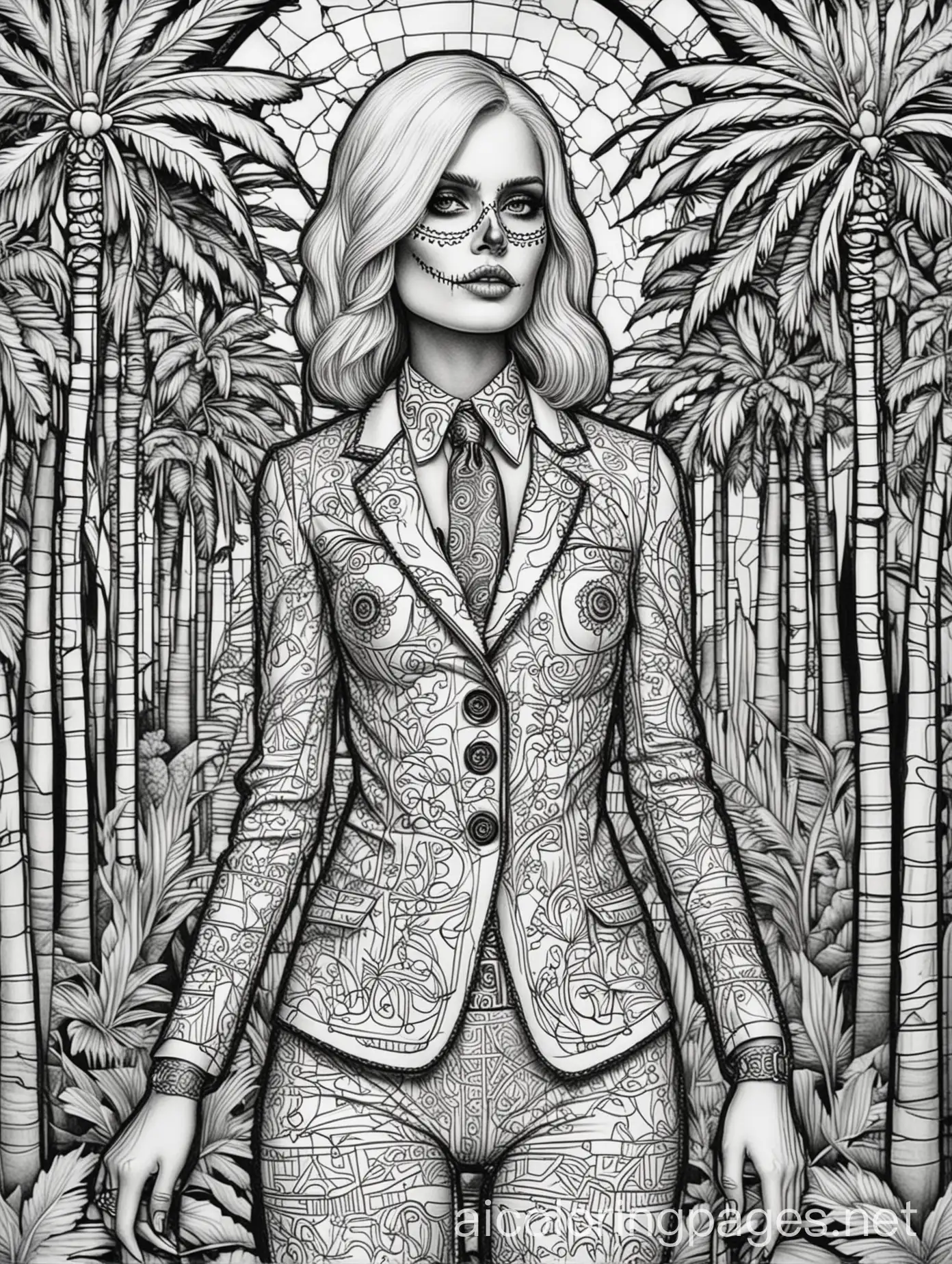 Coloring-Page-Swedish-Woman-in-Day-of-the-Dead-Skeleton-Makeup