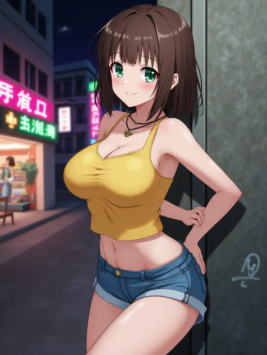 score_9, score_8_up, score_7_up, source_anime,1girl,((huge breasted)), solo,brown bob cut hair,blunt bangs, ear,hair behind ear,emerald eyes, perfecteyes, eyebrows,earrings, choker,pendant,crop top,yellow top, sleeveless,spaghetti strap, bare shoulders,collarbone,denim shorts, ripped shorts,thong strings, midriff, looking at viewer,facing viewer,(night), neon signs, shops,shop signs, sinozick, flat colors,bare thighs,leaning back on wall,graffiti wall,hands behind head, smile,closed mouth,