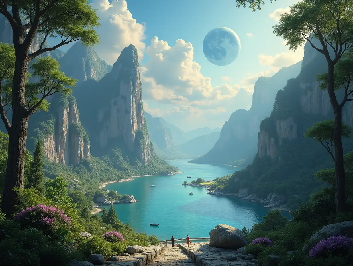 Create for me a photorealistic image of Paradise on another planet with Alien