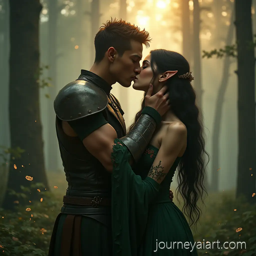 Elven-Lovers-Kissing-in-Misty-Enchanted-Forest-at-Dawn