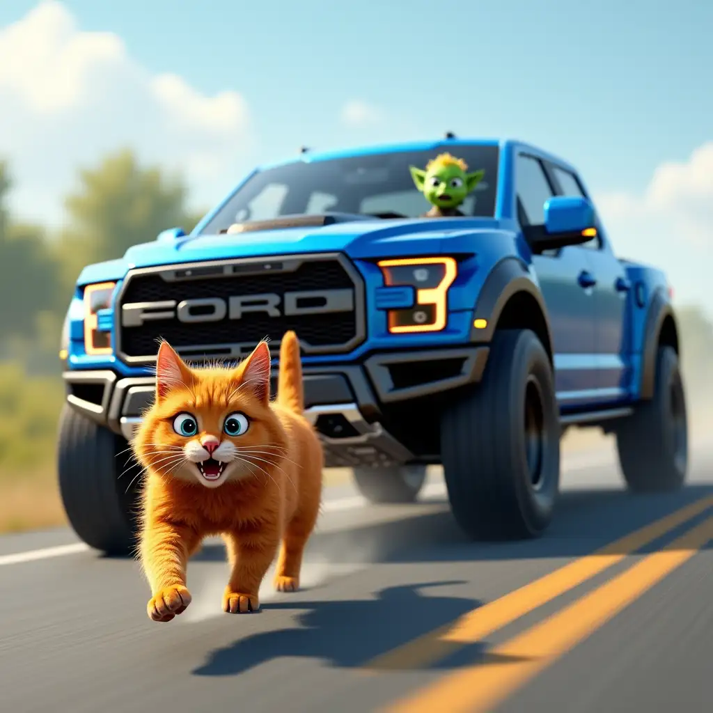 A big blue ford f-150 raptor is chasing a shaggy ginger cat, who is running down the road in fear, one eye of the cat is blue and the other yellow, a green goblin is driving the car, computer graphics