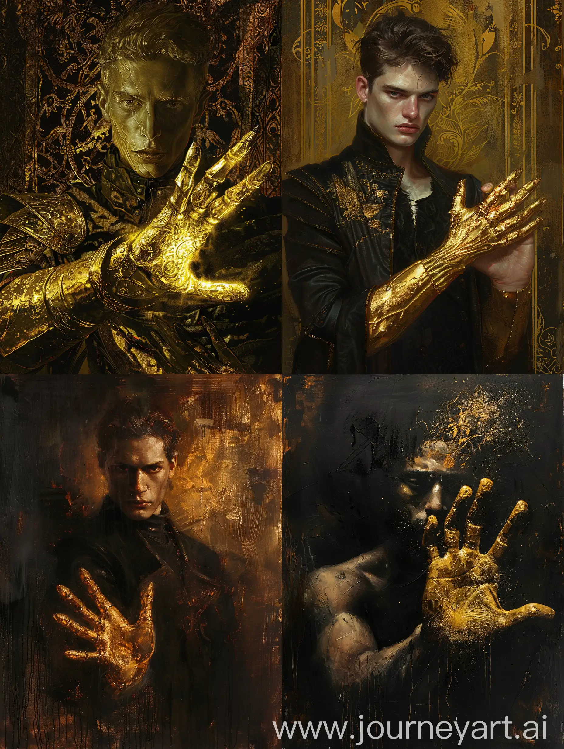 Man-with-Golden-Hand-Sculpture-in-Artistic-Setting