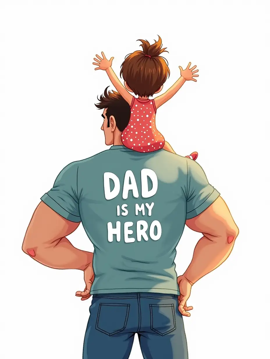 Rear view Cartoon illustration of a strong man with short hair and a muscular physique looking away from the viewer. He is holding with his hand a Young girl with brown hair wearing a polka dot dress. She sits on one shoulder, joyfully raising her arms. View from behind. The man's T-shirt features the playful and bold inscription DAD IS MY HERO in white letters. The white background creates a fun and uplifting atmosphere. Watercolor 3D