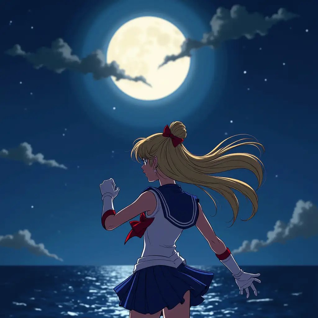 Sailor moon, moonlight night, fight pose, eyes on viewer, view from above