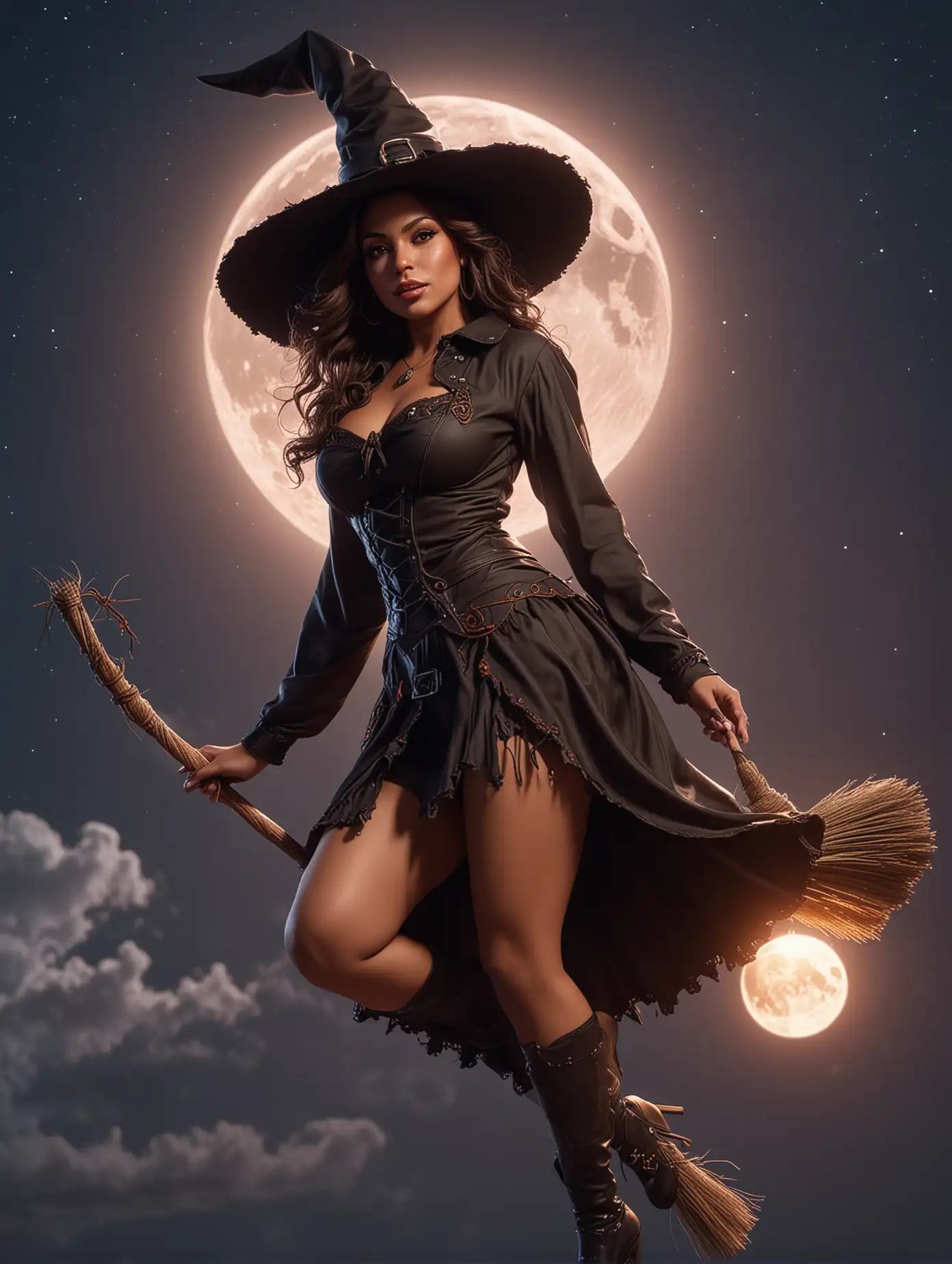 Seductive Latin Woman in Witch Costume Flying on Broom Under Glowing Moon