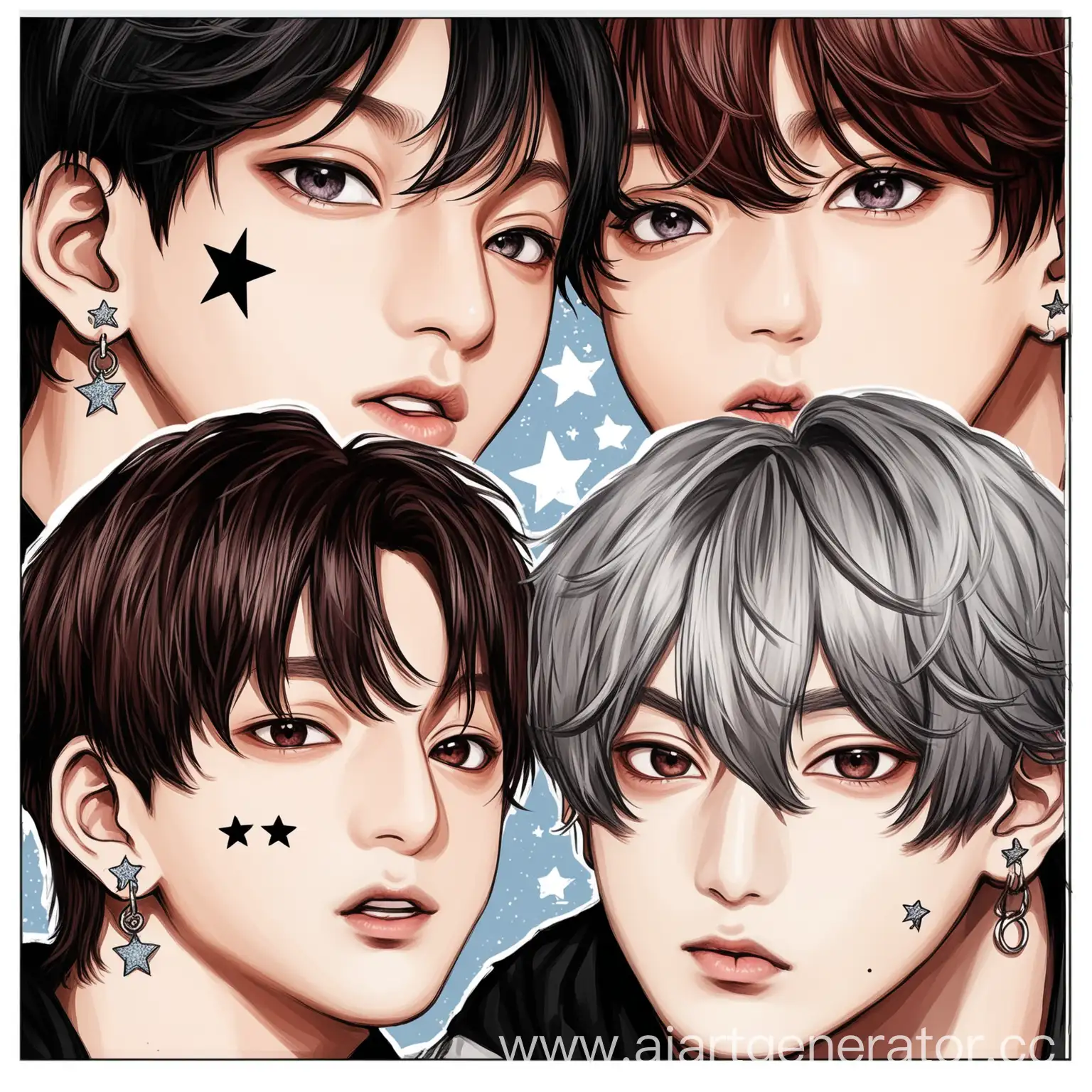 art drawn drawing of jungkook from BTS, facial features of jungkook. half of jungkook's face with a star on his cheek, the other half of Kim Taehyung's face from BTS, with the other half of the star