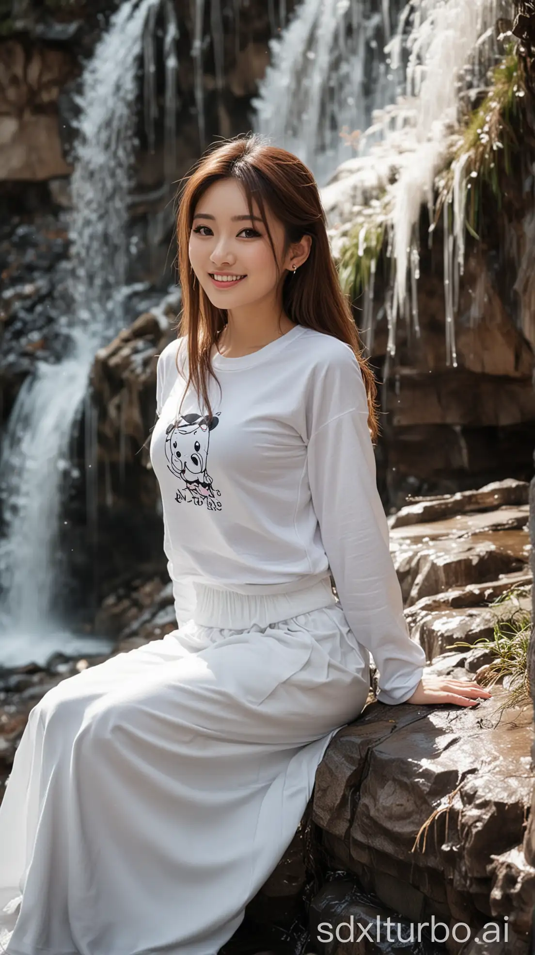 Chinese-Woman-in-Winter-Outfit-Smiling-by-Waterfall