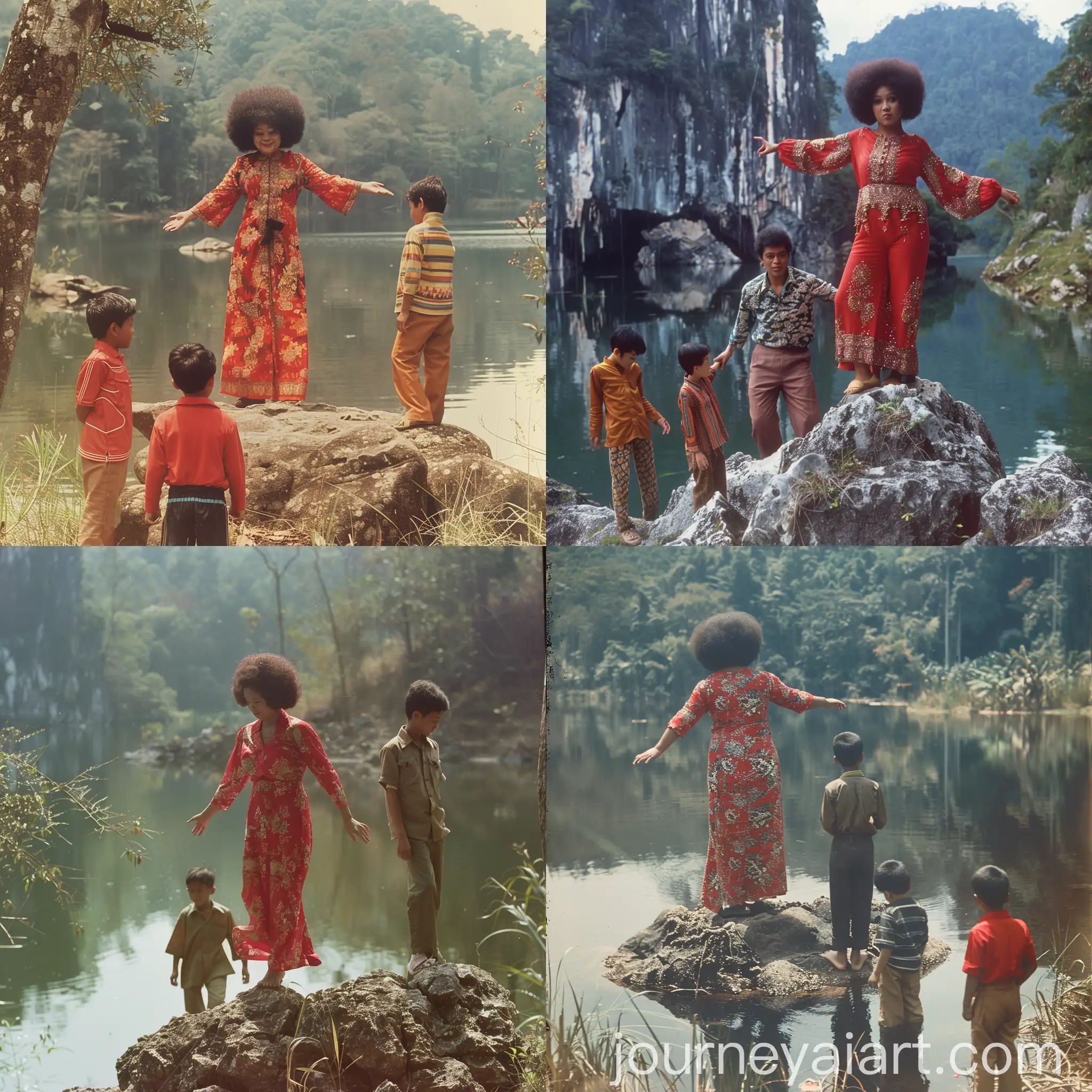 Chubby-Malay-Woman-Balancing-on-Rock-with-Supportive-Friends-by-the-Lake
