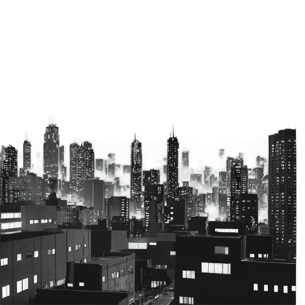 a big city in black and white with anime style