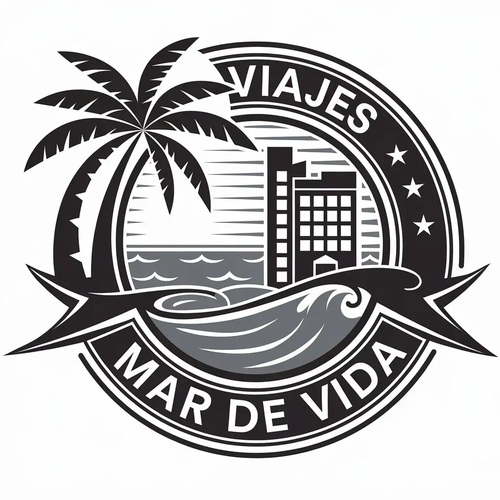 LOGO Design for Viajes Mar de Vida Black and White Hotel Symbol with Palm Tree and Sea Wave Theme