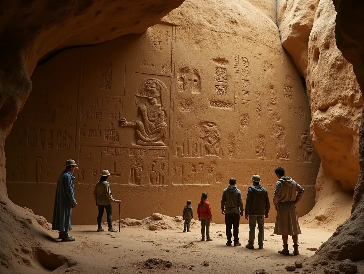 realistic image of a group of archaeologists, small in front of an immense wall of a cliff filled with small frescoes grotesque characters and inscriptions hieroglyphics unknown coming from another world , surreal , fantastic , fantasy