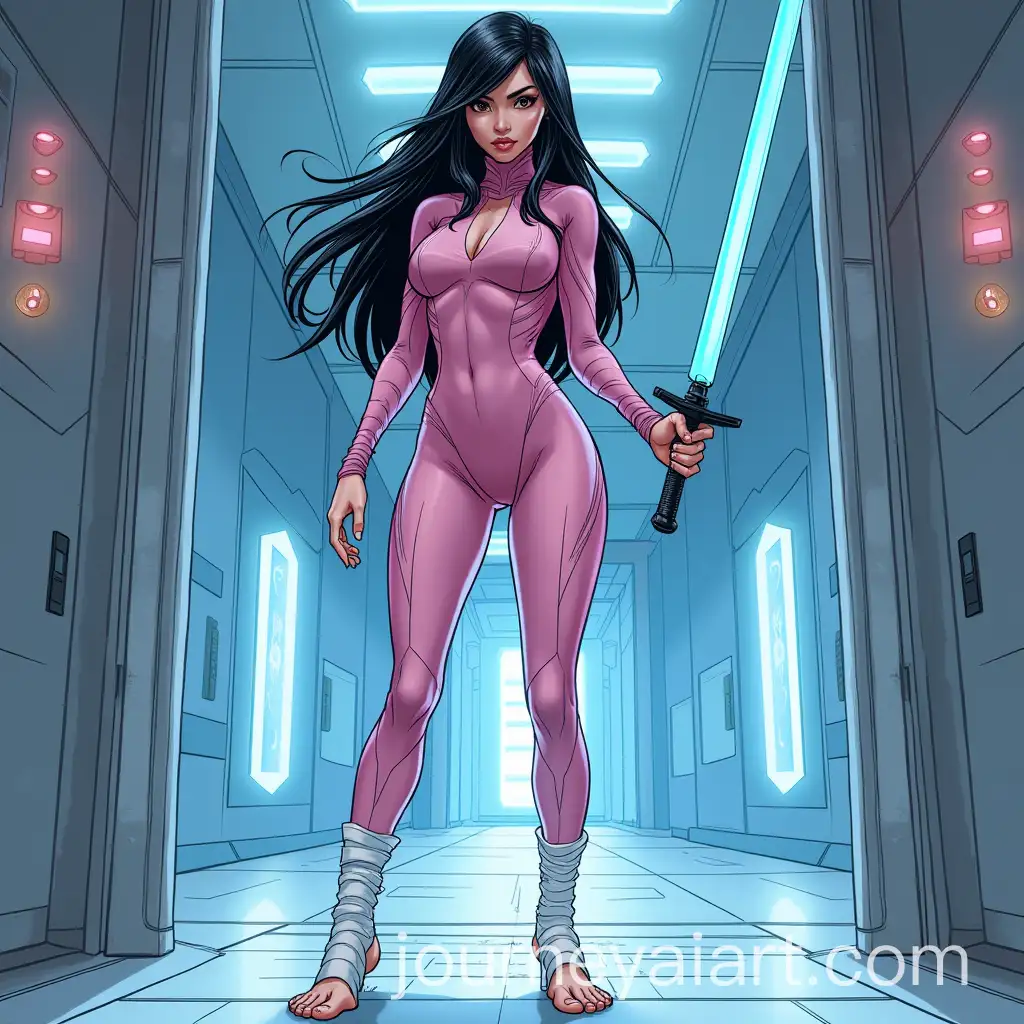 Futuristic-Asian-Woman-with-Blue-Sword-in-Facility