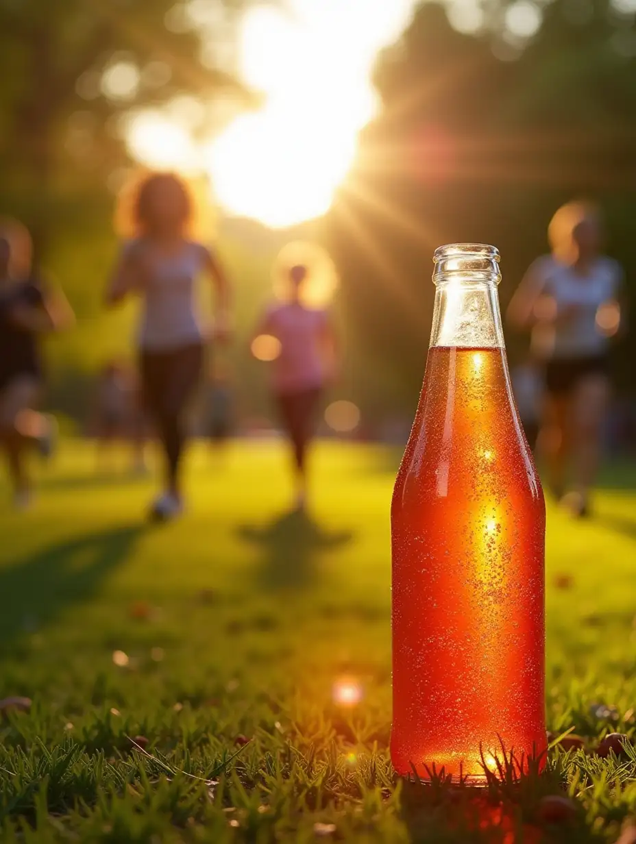 A sun-drenched park, people jogging, playing frisbee, and doing yoga. A close-up of the sparkling fruit drink bottle glistening with condensation