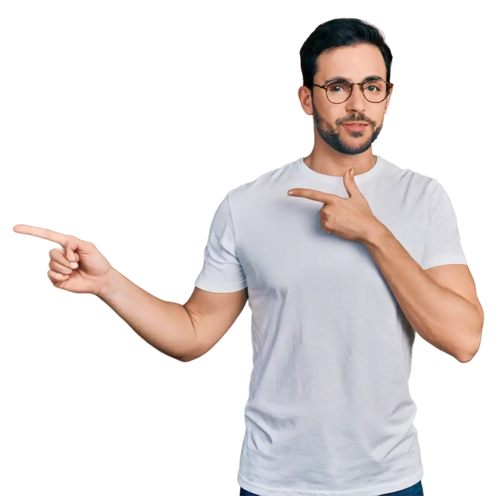 Confident-Man-PNG-Image-with-Glasses-Beard-and-Casual-White-TShirt-Pointing-to-the-Side-Transparent-Background