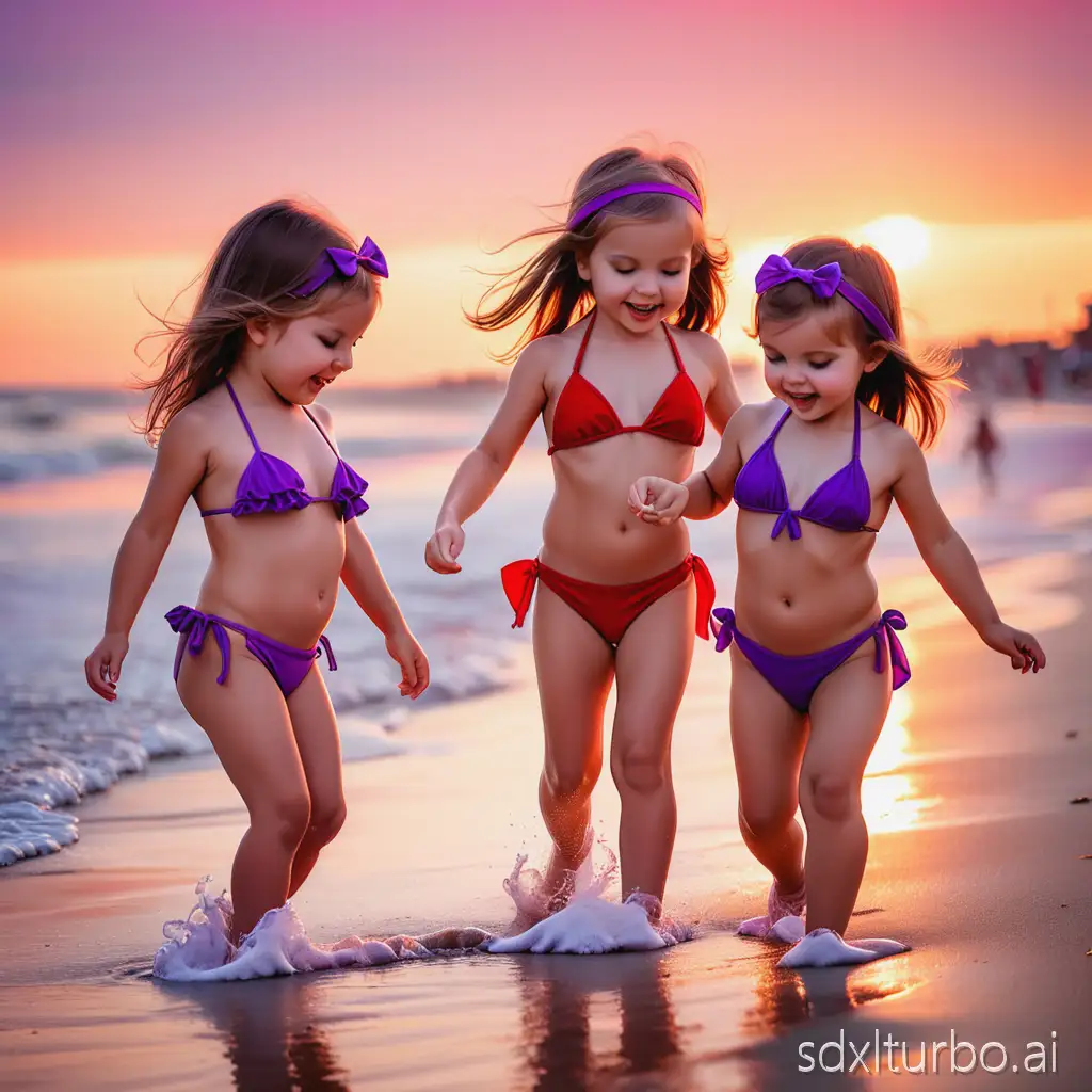 3 little girls wearing red or purple bikinis playing at the beach at sunset