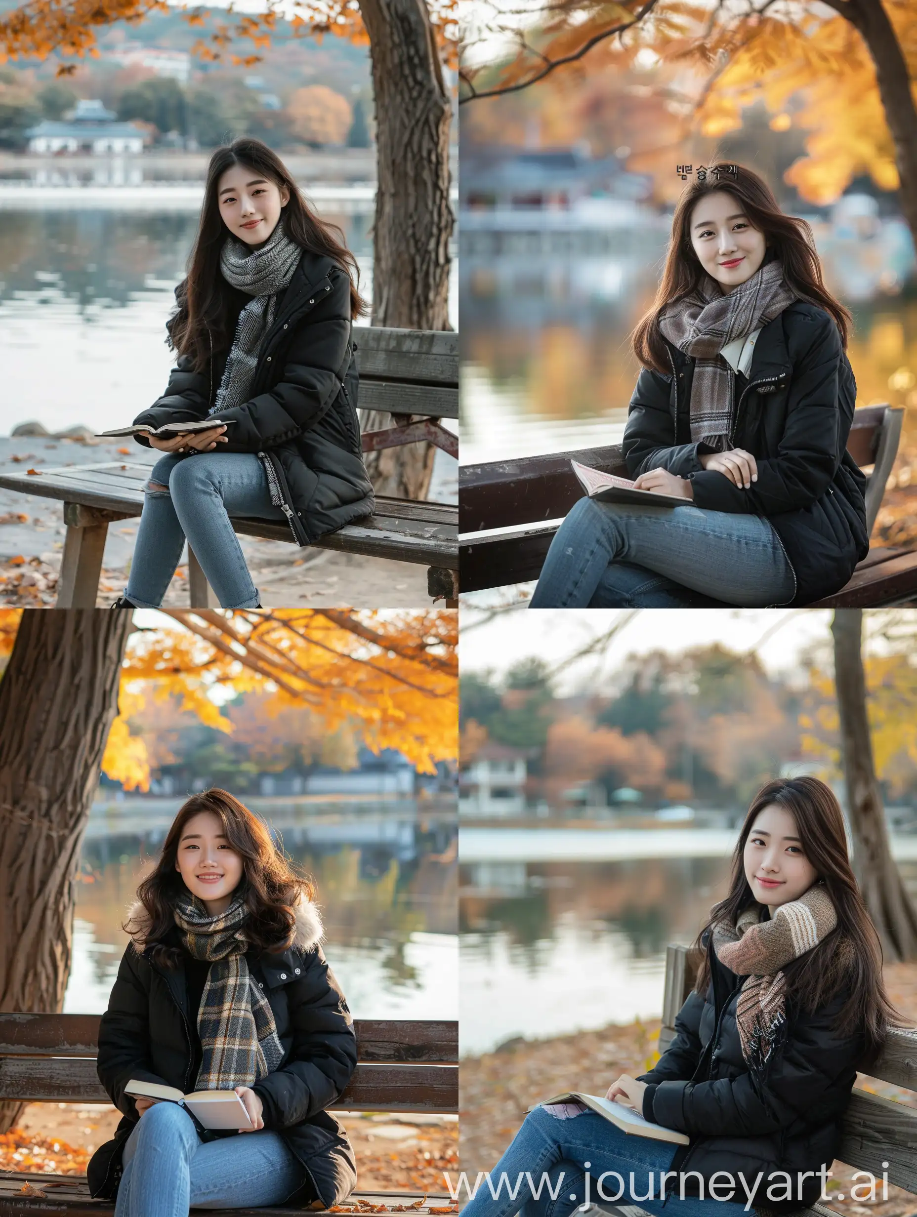 Young-Korean-Woman-Enjoying-Autumn-Morning-by-the-Lake