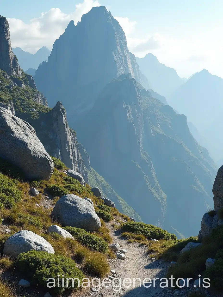 Serene-Mountain-Slope-with-Rocks-and-Shrubs