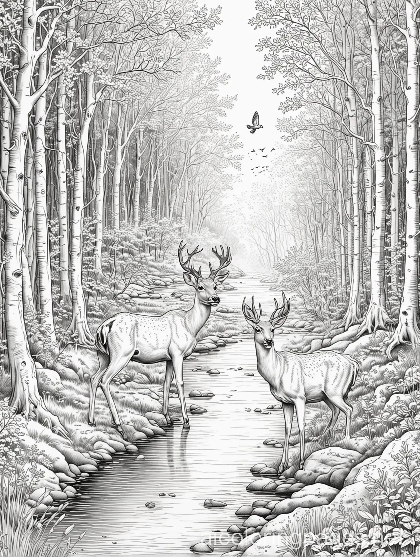 Deer-and-Birds-in-a-Serene-Forest-Landscape-Coloring-Page