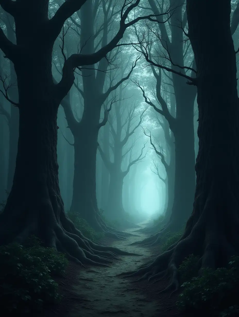 A dark, eerie forest scene with tall, ancient trees similar in structure and layout to a tranquil woodland path. The trees are covered in twisted roots and vines, and their bark has intricate, gnarled details. The forest floor is lined with patches of undergrowth, but the colors are muted and desaturated, with a range of grays and dark greens. Soft, filtered light breaks through the canopy, casting dim, cold rays that enhance the haunting, mysterious mood. Mist hangs low along the ground, shrouding the path in an ominous fog. Shadows are deep and stretched, giving the forest an unsettling, otherworldly feel. The illustration is hyper-realistic, capturing fine details in the textures of the foliage, mist, and bark, with a dark fantasy atmosphere suitable for a gloomy, foreboding scene.