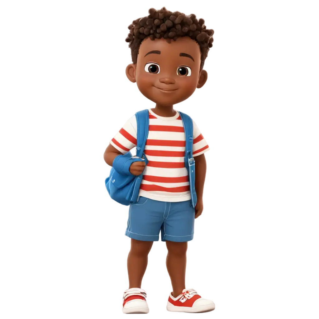 Cartoon-PNG-of-a-Little-BrownSkinned-Boy-in-a-Blue-and-White-Striped-Shirt-and-Red-Shorts-with-Sandals