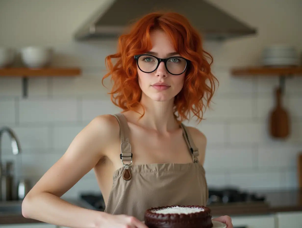 Student-with-Venetian-Red-Hair-Baking-a-Chocolate-Cake-in-Apron