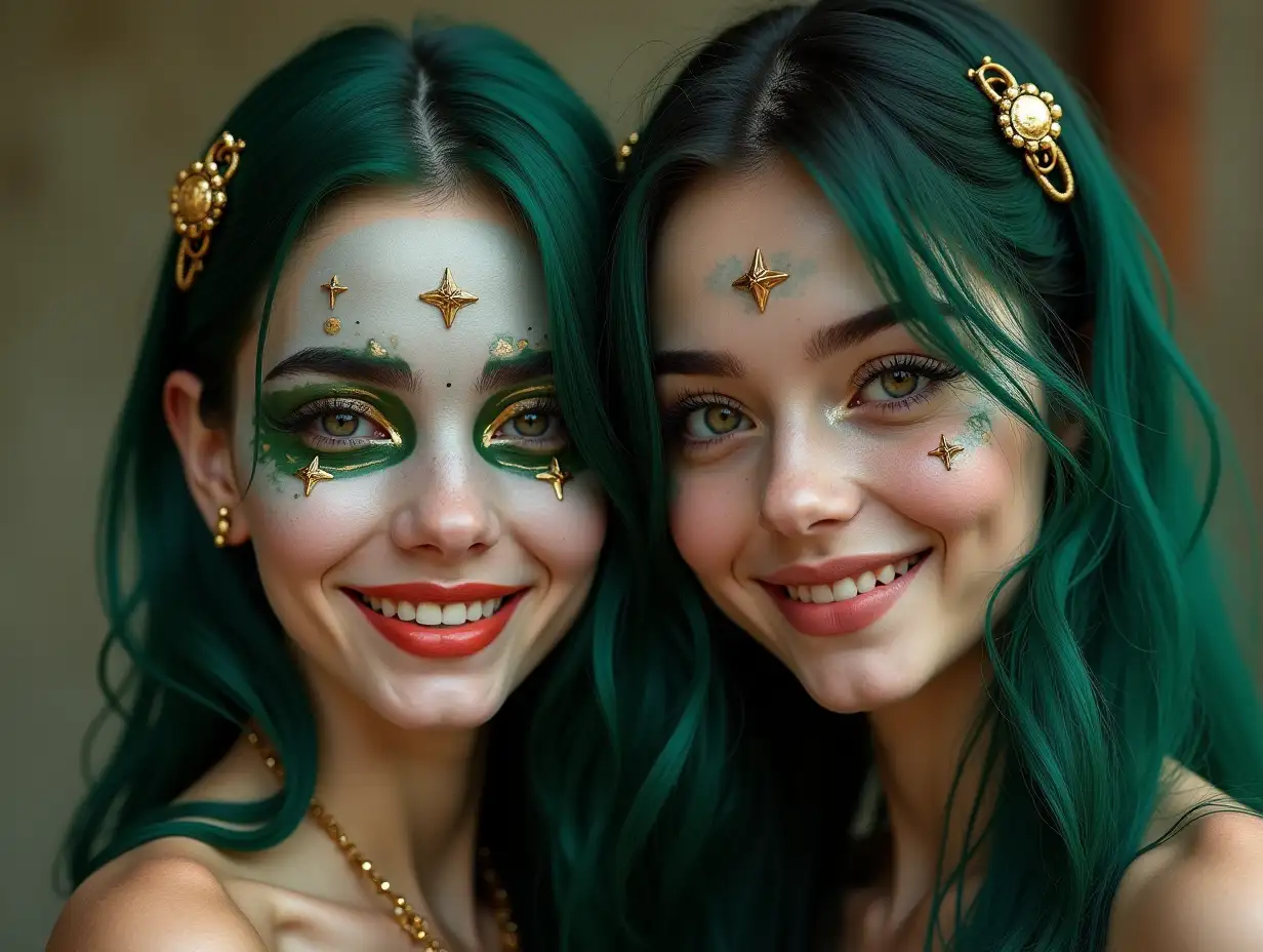 Two young black and white patternnGirls with alien face,withngreen hair, with a slightnsmile on their faces,emphasizingntheir smile, modern retronjewelry,in a temple much goldndifferent shades 4k