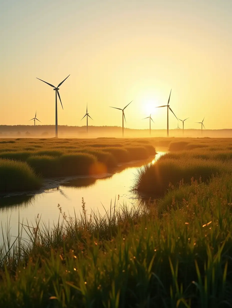 Beautiful grassland lake and grassland, wind turbines in the distance, setting sun, golden sunlight slanting to shine on the grassland,