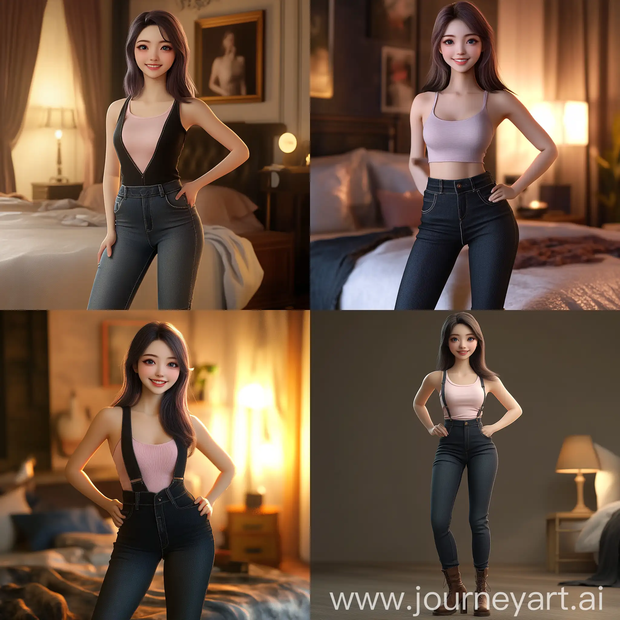 Confident-Young-Woman-in-Black-Denim-Jumpsuit-and-Pink-TShirt