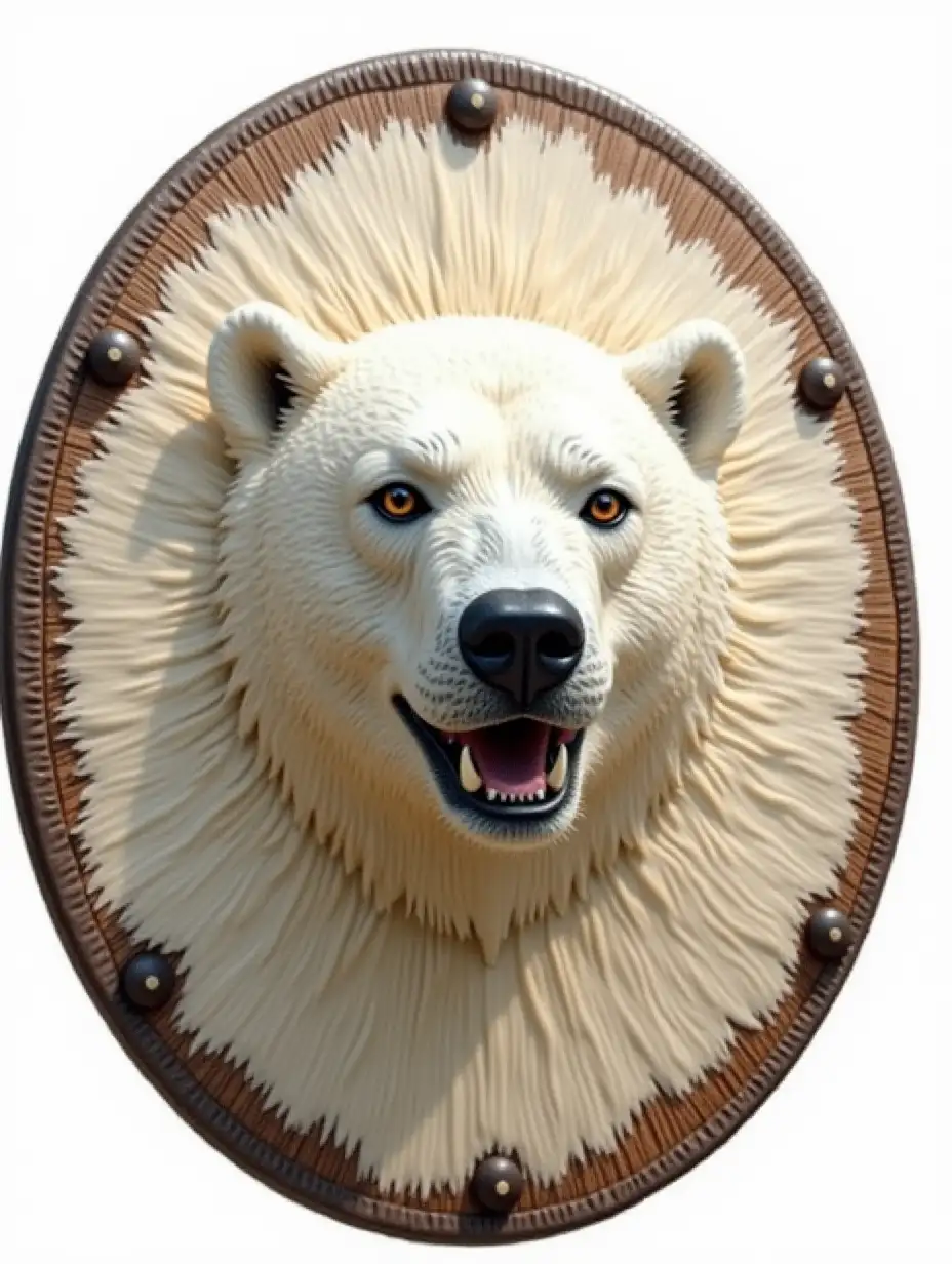 round battle shield made of polar bear skin with a polar bear's face in the center, shield rotated at an angle of 30 degrees, model, transparent background