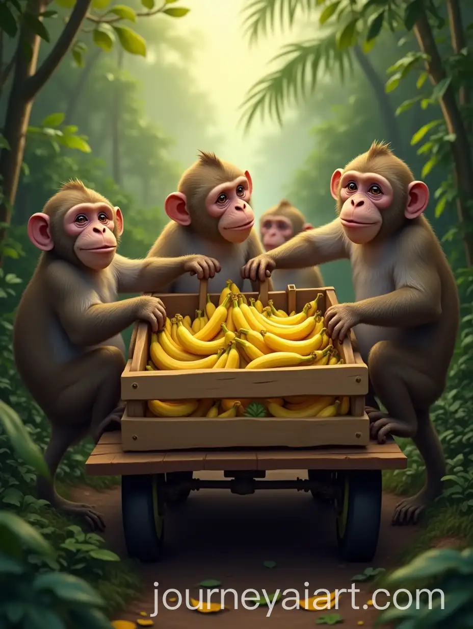 Monkeys-Loading-Crates-of-Bananas-in-Dense-Jungle-Setting