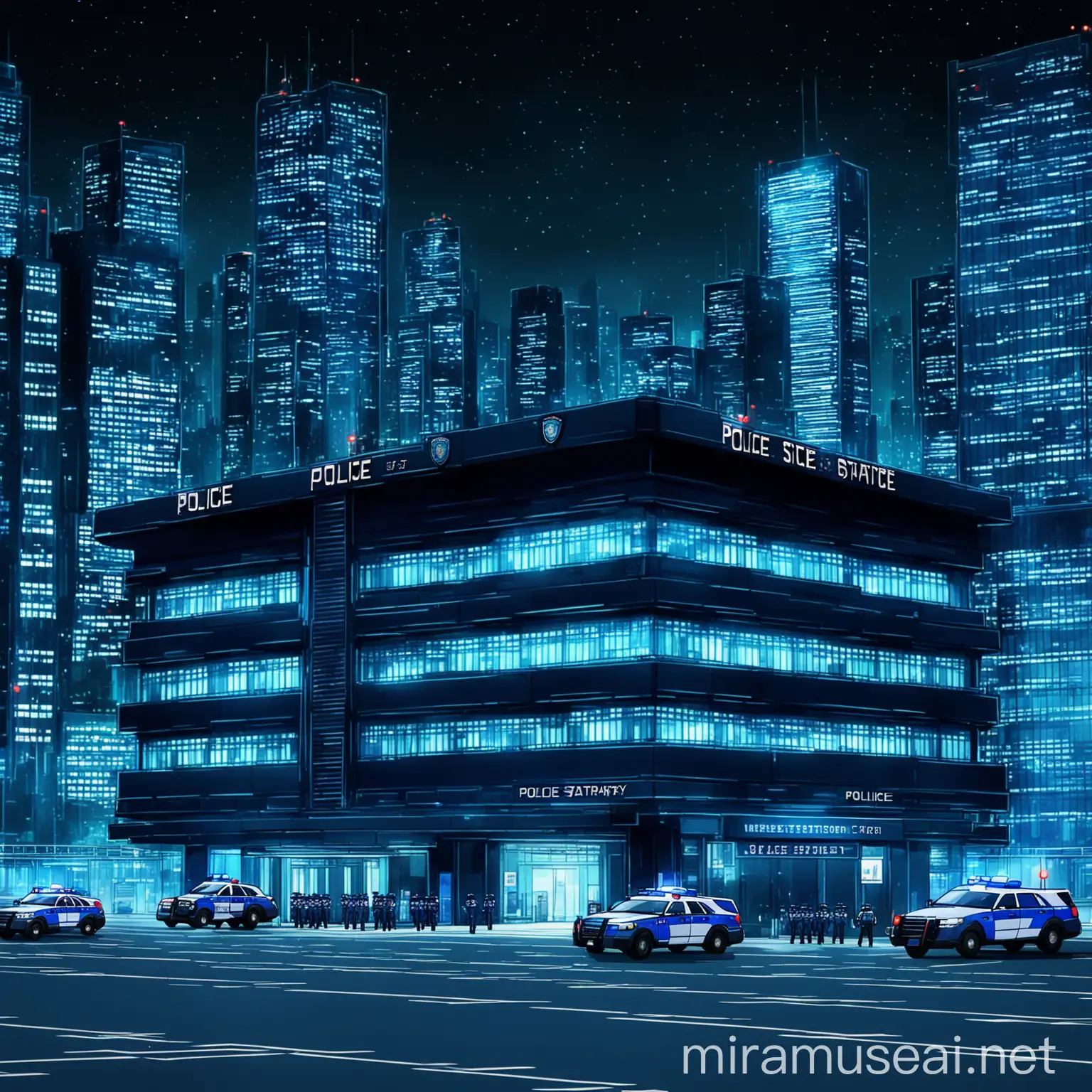 Futuristic Anime Style Police Station Amidst Busy Cityscape at Night