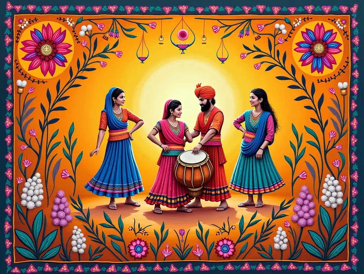 A card inspired by traditional Punjabi Phulkari embroidery. Depict vibrant floral patterns and geometric designs, incorporating symbols of Baisakhi like the dhol (drum), wheat stalks, and people dancing. The overall feel should be colorful and celebratory.  Take inspiration from the rich textures and patterns found in **Phulkari** textiles, uhd, 128k